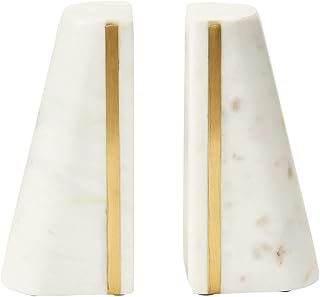 Main + Mesa Geometric Marble Bookends with Brass Inlay, White