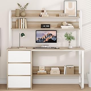 MaverickFurni Computer Desk with 3 Drawers and Shelves, 55 Inch Desk wit...
