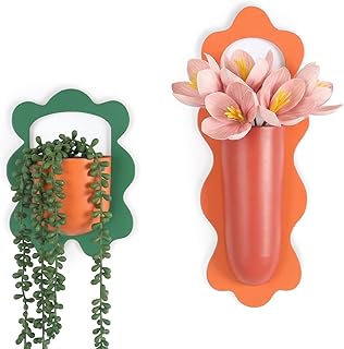 Metal Wall Planters Set of 2, Retro Wavy-Edge Hanging Vases - Orange & G...