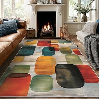 Mid Century Geometric Area Rug 5x8 ft, Retro Color Block Abstract Statem...