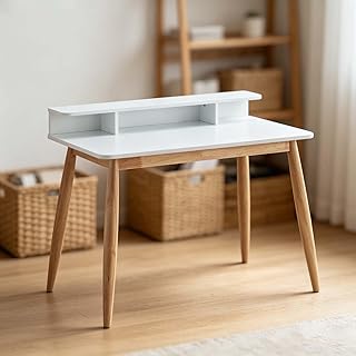 Mid-Century Scandinavian Desk with Storage Shelf, White Home Office Desk...