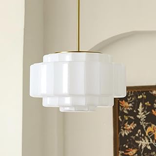Modern Geometric Chandelier - Milk Glass Pendant Light with Brushed Bras...