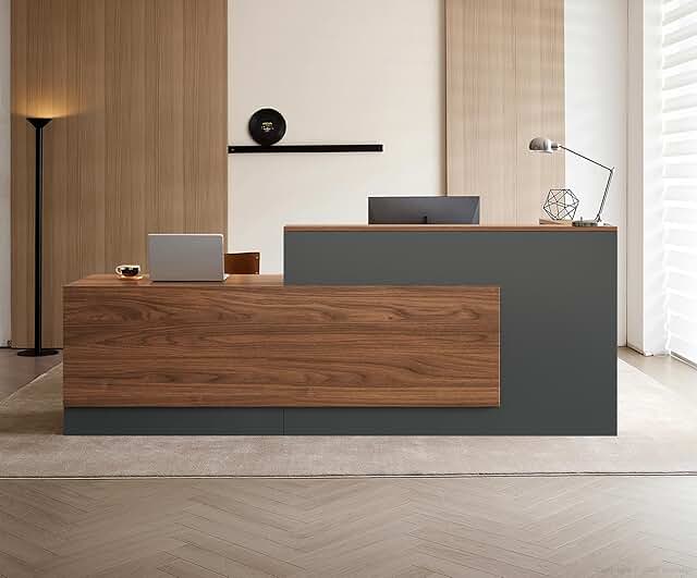 Modern L-Shaped Reception Desk with Counter - 87 inch Front Desk with St...