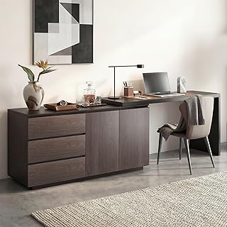 Modern Minimalist Expandable Desk with Large Capacity Drawers, Rectangul...