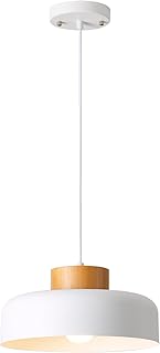 Modern Pendant Light with Real Wood Cap - 12.6” White Hanging Light Fixt...