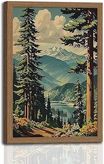 Mountain Forest Wall Art Framed, Nature Landscape Poster Print with Wood...