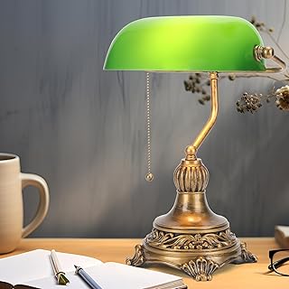 NISSAFORS Bankers Lamp with Pull Switch, Green Glass Desk Lamp with Retr...