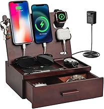Nightstand Organizer with Drawer Built in 4 USB Charger, Wood Phone Dock...