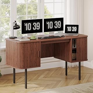 ONBRILL 55 Inch Fluted Computer Desk with Charging Station, Mid Century ...