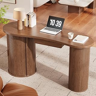 ONBRILL 59 Inches Fluted Office Desk with Storge, Bean-Shaped Computer D...