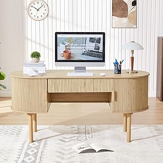 ORRD Home Office Oval Desk with Sliding Tambour Door and Drawer, Modern ...