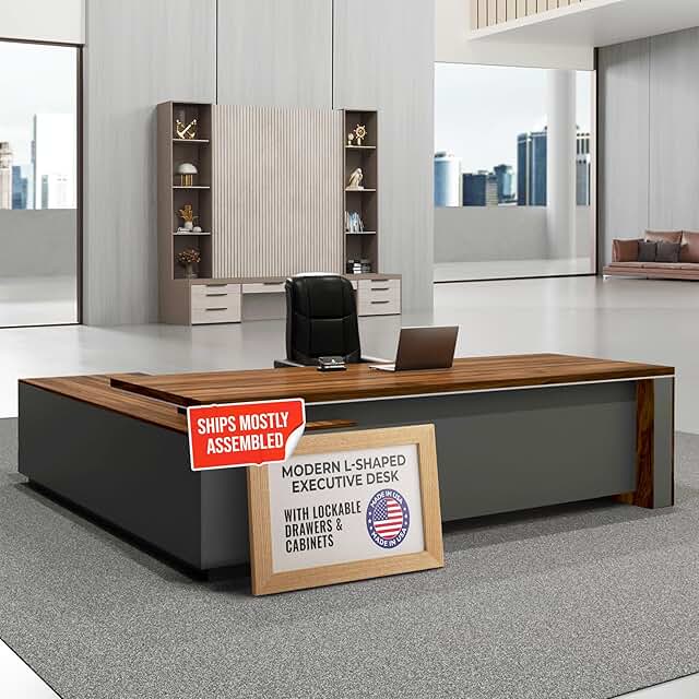 OfficeSimpli Modern L Shaped Executive Desk, 84x72x30 Inch - Made in USA...