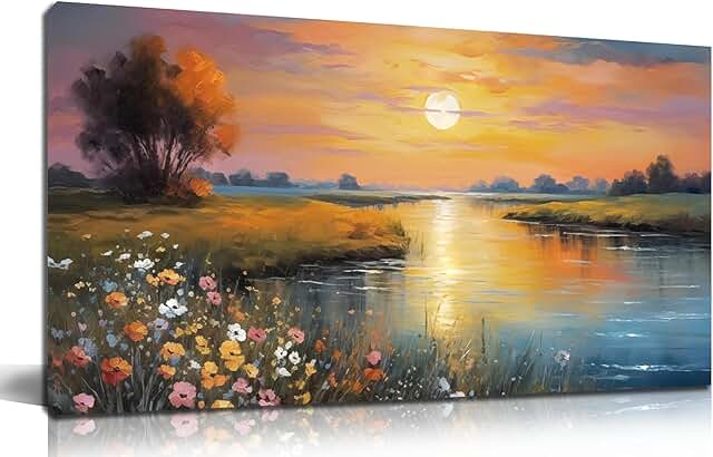 Orange Yellow Sunset Lake Landscape Canvas Wall Art with Vibrant Colorfu...