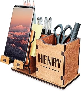 Personalized Wooden Pen Holder for Desk with Cell Phone Holder Wood Desk...