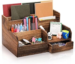 Pumtus Brown Wooden Desk Organizer, Mail Organizer with 7 Compartments a...