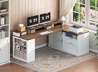 RALGEND Farmhouse L Shaped Desk with Drawers, 53 Inch Executive Desk wit...