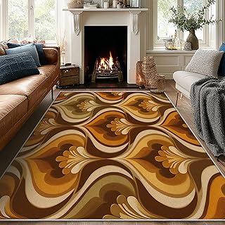 Retro 70s Area Rug 5x6, Mid Century Floral Geometric Rug, Burnt Orange B...