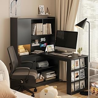 RuiSiSi L Shaped Home Office Desks with Hutch, LED Light, Pegboard, Draw...