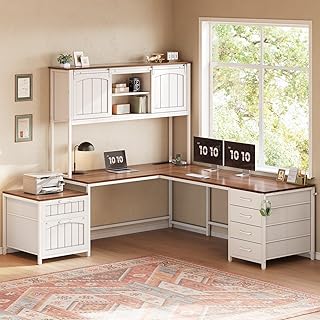 SEDETA Farmhouse L Shaped Office Desk with 6 Drawer, Reversible Computer...