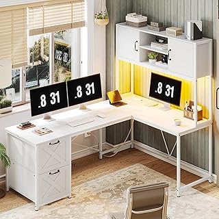 SEDETA White L Shaped Office Desk, Farmhouse Home Office Desk with Fabri...