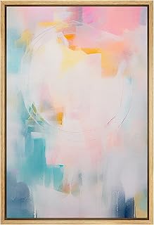 SIGNFORD Framed Canvas Print Wall Art Pastel Pink Teal Paint Stroke Abst...