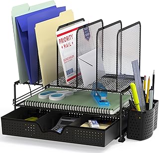 Simple Houseware Mesh Desk Organizer with Sliding Drawer, Double Tray an...