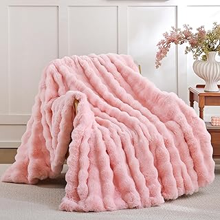 Smoofy Faux Fur Throw Blanket for Couch - Blush Pink Super Soft Cozy Bub...