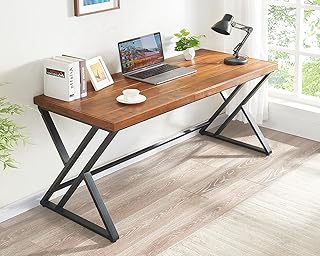 Solid Wood Computer Desk, Modern Real Wood Home Office Desk, Long Rustic...