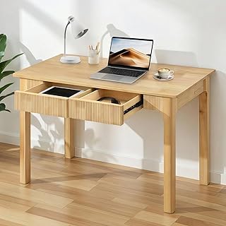 Solid Wood Desk with 2 Drawers,Mid Century Modern Fluted Writing Desk fo...