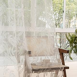 Sutuo Home White Lace Curtains 84 Inches Long, Leaf Embroidery Window Sh...