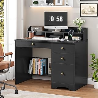 TTVIEW Computer Desk with Drawers and Hutch Shelf, Wood Executive Desk W...