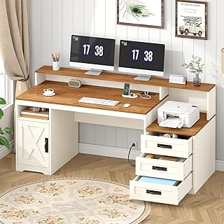 TVU Farmhouse Computer Desk with Drawers, 65'' Home Office Desk with Pow...