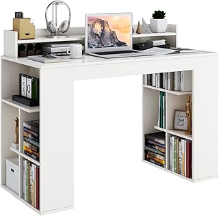 Tangkula 48” White Desk with Storage Bookshelf, Home Office Computer Des...