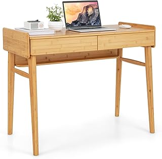 Tangkula Bamboo Mid Century Desk with 2 Storage Drawers, Home Office Stu...
