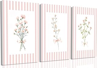 Trendy Pink Floral Wall Art Set of 3, Preppy Canvas Prints with Bow and ...