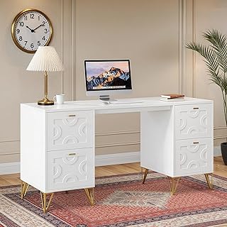 Tribesigns White and Gold Computer Desk, 59'' Modern Writing Table with ...