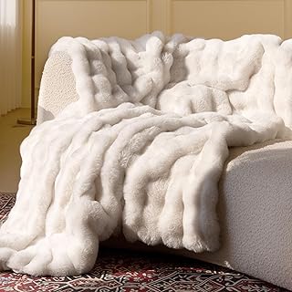 Ultra Soft Cozy Faux Fur Throw Blanket, Fuzzy Plush Thick Bubble Blanket...