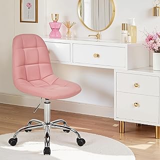 VECELO Leather Makeup Vanity Chair with Wheels - Adjustable Height Armle...