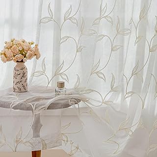 VISIONTEX Sheer Curtains 84 Inches Long 2 Panels Set Cream Beige Embroid...