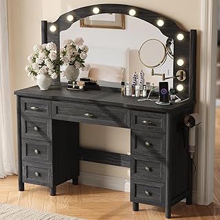Vanity Desk with Mirror and Lights, Makeup Vanity Table with 9 Drawers, ...