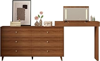 Vanity Desk with Mirror and Lights, Vintage 6 Drawer Dresser Desk Combo ...