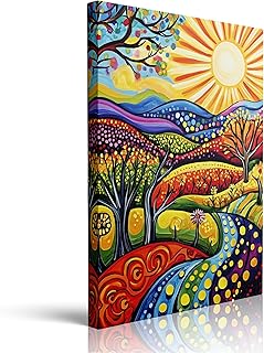 Vibrant Colorful Whimsical Landscape with Swirling Sun Canvas Wall Art F...