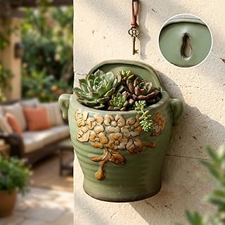 Vintage Ceramic Wall Planter, Green Wall Hanging Planter with Retro Desi...