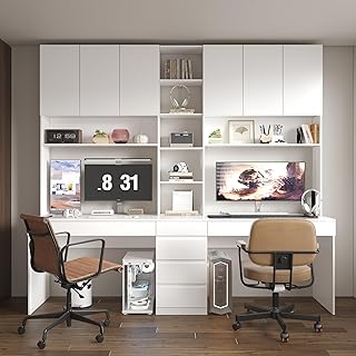 WOODTIME Large Two Person Computer Desk with Bookshelf, Study Writing Ga...