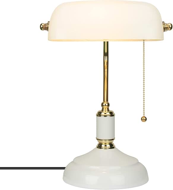 White Glass Bankers Desk Lamp, Vintage Reading Table Lamp, Classic Bedsi...