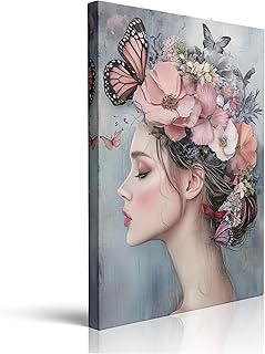 Woman with Flower Crown and Butterflies Canvas Wall Art Framed Print Pai...