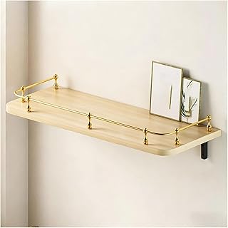 Wooden Wall Shelf with Gold Guardrail, Solid Wood Floating Shelf for Sto...