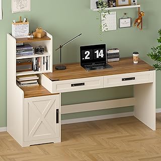YOMILUVE 60'' Farmhouse Computer Desk with Drawers, Home Office Desk wit...