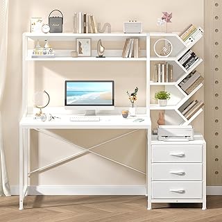 YOMILUVE Reversible Computer Desk with Hutch, Home Office Desk with Draw...