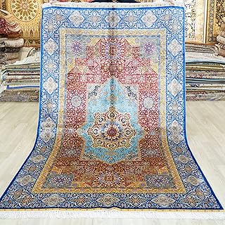 Yuchen Silk Rug 5x8 Blue Handmade Floral Vintage Medallion Luxury Orient...
